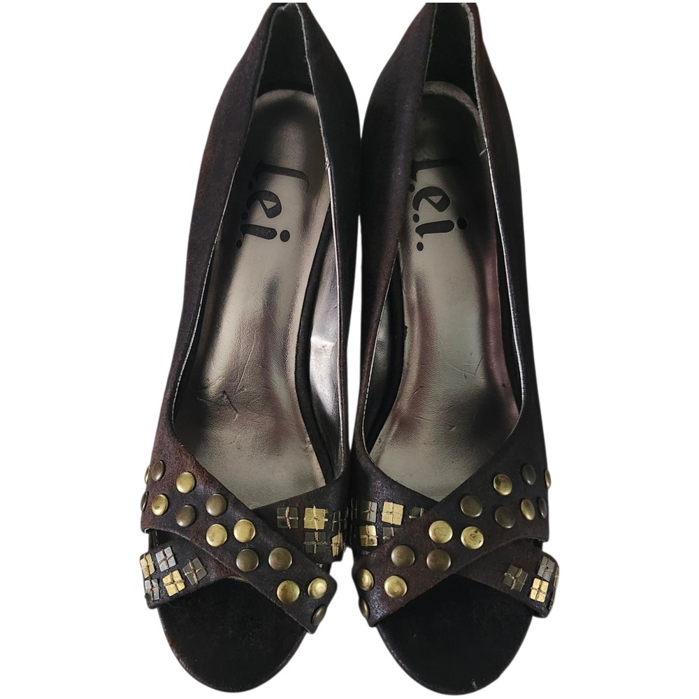 Y2K  L.E.I. Stash Studded Peep‑Toe Platform Heels Chocolate Brown Size 6.5